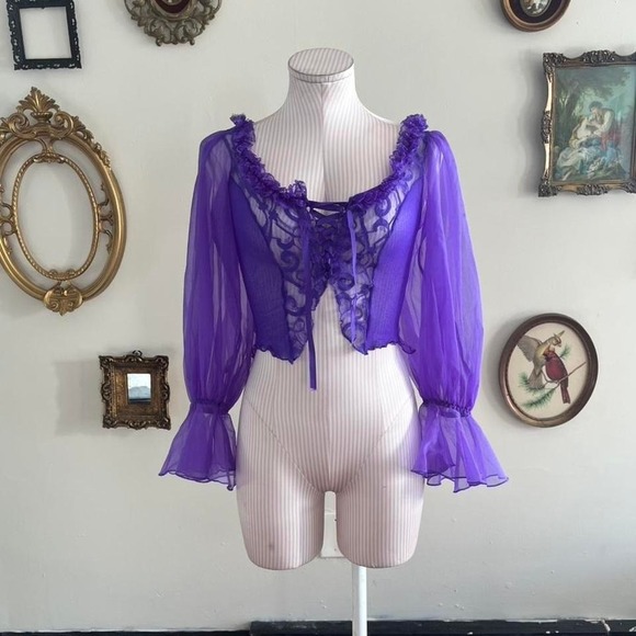 The Unbranded Brand Tops - Y2k lace up Vintage Purple Sheer Lace-Up Fairy Blouse with Ruffle Trim